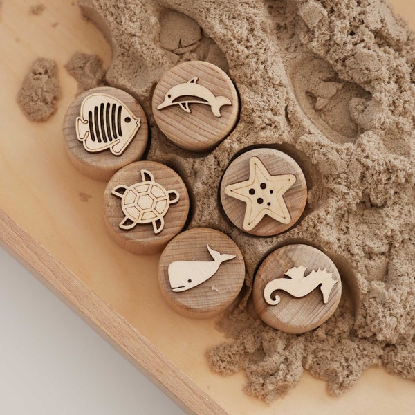 Meerestiere Holzstempel - für Sand und Knete, Kindergarten Sensorik Spielzeug, Waldorf Montessori inspiriertes Förderspielzeug ab 3 Jahre