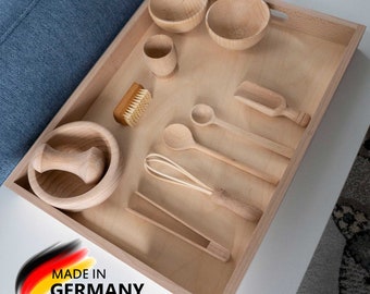 Montessori Aktionstablett Set für Feinmotorik, Holztablett mit Kindergarten Lernspielzeug, pädagogisches Sensorik Spielzeug ab 3 Jahre