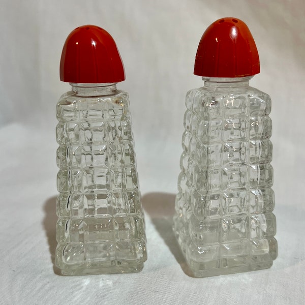 Vintage 1950's Diner Red Cap Salt and Pepper Shakers Pressed Glass Waffle Design