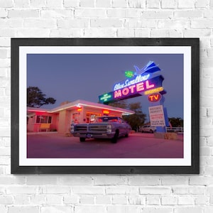 Route 66 Tucumcari New Mexico Blue Swallow Motel Neon Signs Classic Car Photography Digital Downloadable art for Home Office