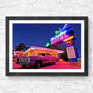 Blue Swallow Motel Tucumcari New Mexico Route 66 Vintage Car Photography Neon Signs Blue Hour Night Photos Digital Downloadable Art