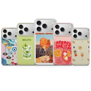 May include: A collection of phone cases featuring cocktail designs. The cases showcase illustrations of drinks like Mojito, Aperol Spritz, and other tropical cocktails. The cases have a glossy finish and are designed for a smartphone.