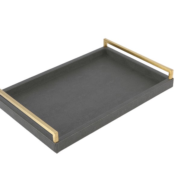 Dark Grey Faux Shagreen Leather Decorative tray, Serving tray , Ottoman Tray,