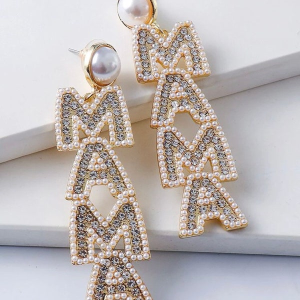 Long Pearl Mama Letter Earrings, Rhinestone Earrings, Glamorous Pearls Earrings, Drop Earrings, Statement Earrings, Mothers Day Gifts