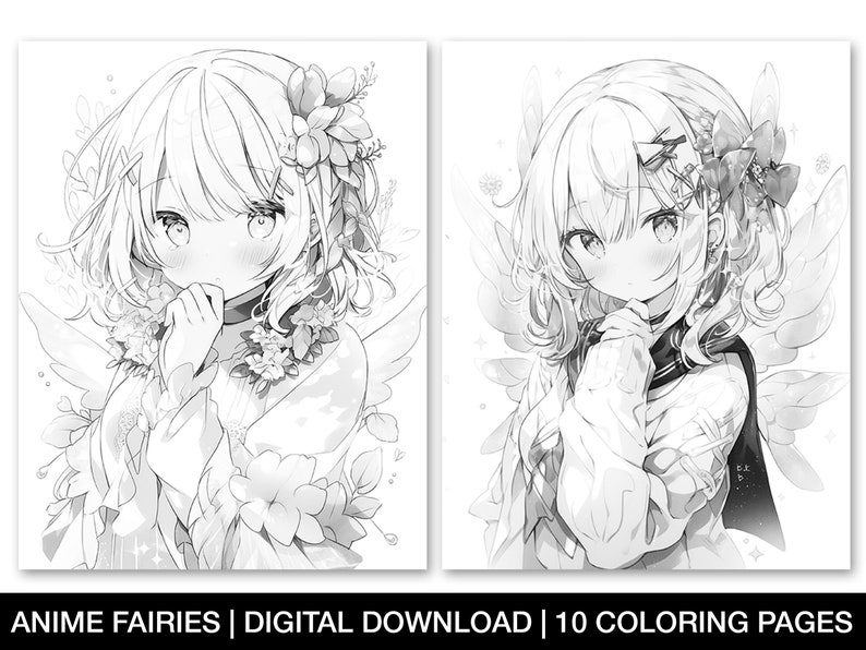 Anime Digital Coloring Pages, Adults and Teens Coloring Books, Instant