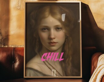 Impresión con frase "Chill", impresión vintage de arte alterado renacentista, arte mural ecléctico, pintura vintage melancólica, arte femenino, descarga digital