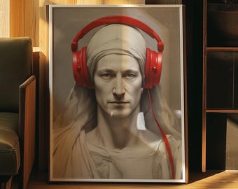 Headphone Altered Art Print, Eclectic Print, Altered Vintage Painting, Funny Statue Art Print, Remade Classical Art Printable Maximalist Art