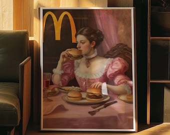 Mujer renacentista comiendo hamburguesa / Decoración de pared ecléctica imprimible / Arte de pared vintage alterado / Pintura renacentista rosa / Impresión vintage