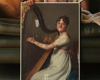 Impresión ecléctica colorida para pared, joven arpista tatuada, impresión renacentista alterada, arte mural maximalista, arte renacentista imprimible, arte rococó