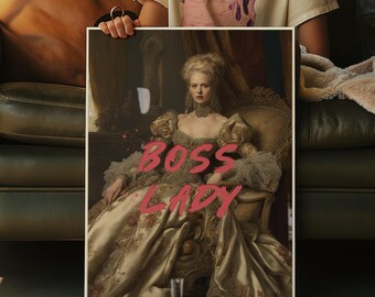 Arte mural con frase de jefa, retrato alterado, arte vintage alterado, arte mural ecléctico y melancólico, lámina renacentista, decoración de pared maximalista