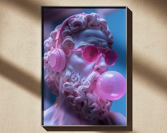 Estatua de David, Arte con chicle, Impresión ecléctica alterada en rosa, Arte renacentista, Arte mural ecléctico, Arte mural imprimible, Descarga digital