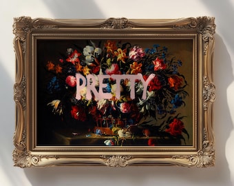 Arte mural maximalista, impresión ecléctica de flores bonitas y coloridas, póster de arte alterado imprimible, decoración de Dark Academia, arte mural feminista