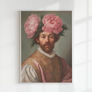 Pink Flowers Head Altered Art Digital Download | Renaissance Altered Antique Portrait | Alter Vintage Portrait | Printable Eclectic Wall Art