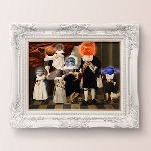 Altered Vintage Art, &quot;Planet Heads&quot; Remade classical art, Funny painting, Eclectic Wall Art, Maximalist decor, Quirky wall art