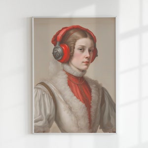 Rote Kopfhörer Altered Art | Portrait Eklektische Wandkunst | Maximalist Wandkunst | Feminine Wandkunst | Druckbare Alter Art | Veränderter Kunstdruck