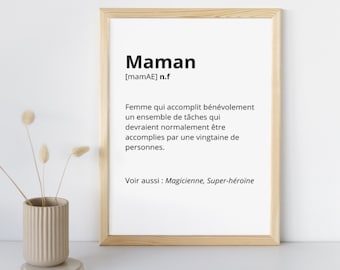 Affiche définition mot maman, cadre décoration cadeau maman,humour,blanc et noir,idée cadeau future maman, fête des mères, style minimaliste