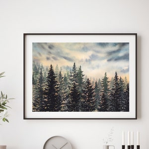 Watercolour Landscape Painting Print, Sunset Forest Art Print, Nature Wall Art image 2