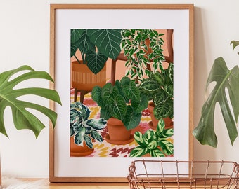 Colourful House Plants Wall Art, Indoor Jungle Illustration, Nature Inspired Art, Plant Lover Gift, Plant Lady Art Print