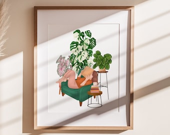 Plant Lady Reading Print, Plant Lovers Gift, Botanical Illustration, Plant Mom Art, Houseplant Lover Poster, Bookworm Illustration