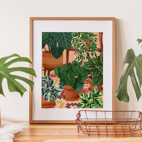 Colourful House Plants Wall Art, Indoor Jungle Illustration, Nature Inspired Art, Plant Lover Gift, Plant Lady Art Print