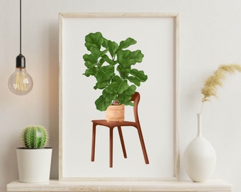 Fiddle Leaf Fig Plant Print, Illustration Minimal Botanical Illustration, Modern Botanical Printable Art, Plant On A Chair Art