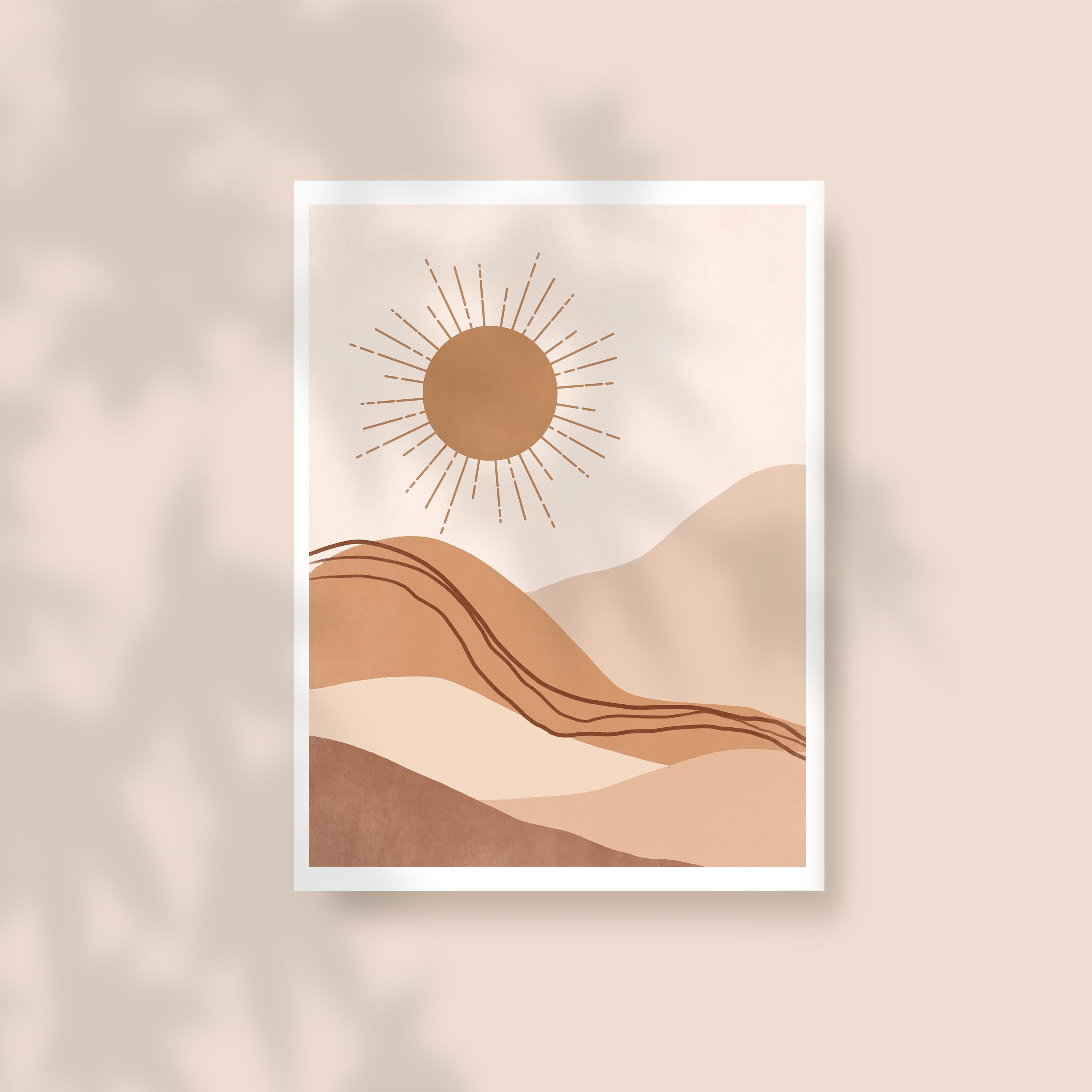 Mountain Sunrise Illustration, Neutral Wall Art, Landscape Art Print ...