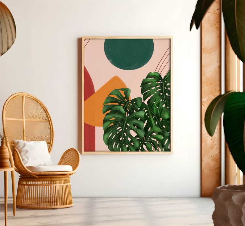 Abstract Shapes Monstera Deliciosa Illustration, Modern Botanical Print, Abstract Botanical Art Print,Bohemian Art, Plant Lady Gift image 2