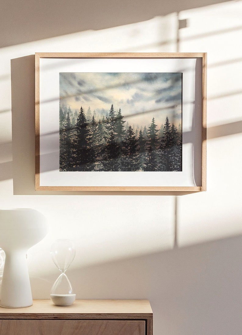 Watercolour Landscape Painting Print, Sunset Forest Art Print, Nature Wall Art image 1