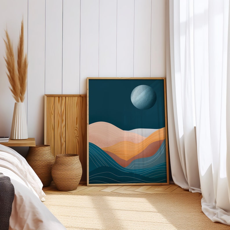 Boho Moon Landscape Print, Blue Wall Art, Landscape Art Print, Boho Art Prints, Mid Century Modern,Desert Print, Minimalist Print 16x24” - 40x60 cm