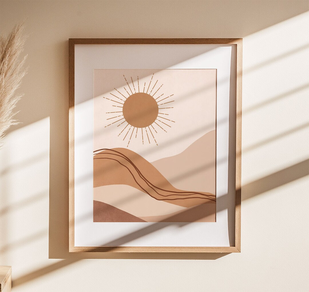 Mountain Sunrise Illustration, Neutral Wall Art, Landscape Art Print ...