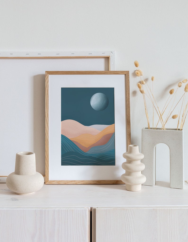 Boho Moon Landscape Print, Blue Wall Art, Landscape Art Print, Boho Art Prints, Mid Century Modern,Desert Print, Minimalist Print image 4