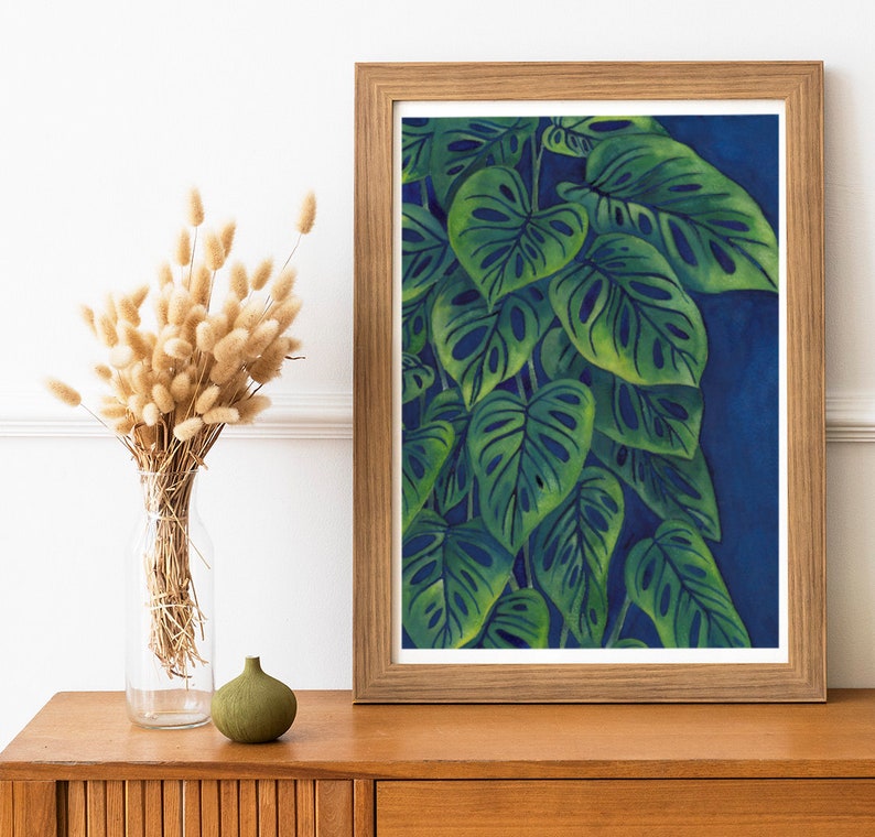 Monstera Adansonii Watercolor Painting, Original Botanical Artwork, Plant Leaves Wall Art, Nature Inspired Wall Art image 4