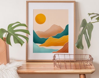 Colourful Mountain Sunrise Print, Bohemian Landscape Illustration, Desert Print, Minimalist Print, Abstract Mountain Print