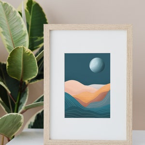 Boho Moon Landscape Print, Blue Wall Art, Landscape Art Print, Boho Art Prints, Mid Century Modern,Desert Print, Minimalist Print 4x6 Inches