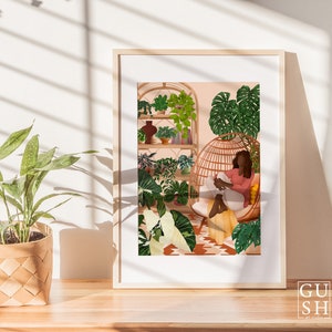 Plant Lady In Cozy Room, Plants Art Print 16, Botanical Illustration, Plant Mom Gift, Indoor Jungle, Nature Inspired Poster image 4