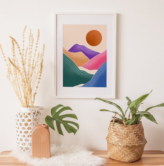 Colourful Abstract Mountains Landscape Print Mid Century Etsy