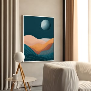 Boho Moon Landscape Print, Blue Wall Art, Landscape Art Print, Boho Art Prints, Mid Century Modern,Desert Print, Minimalist Print 24x36” - 60 x 90 cm