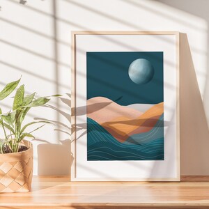 Boho Moon Landscape Print, Blue Wall Art, Landscape Art Print, Boho Art Prints, Mid Century Modern,Desert Print, Minimalist Print image 3