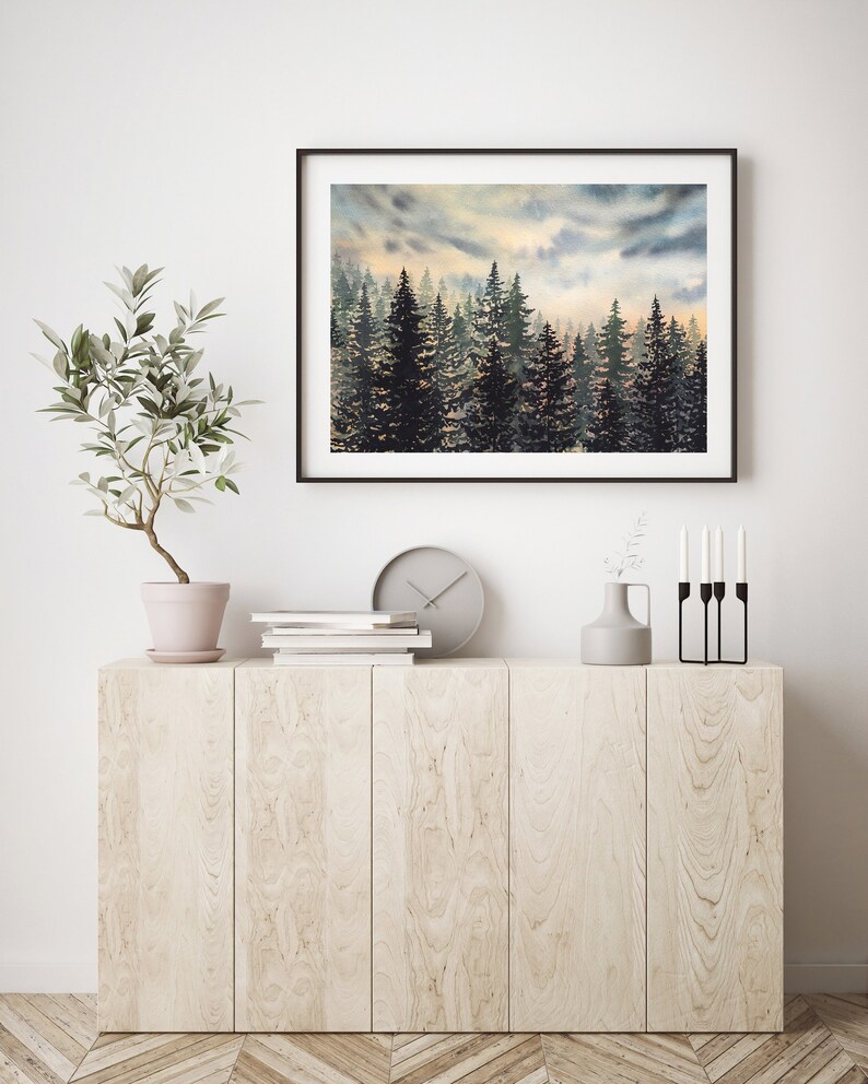 Watercolour Landscape Painting Print, Sunset Forest Art Print, Nature Wall Art image 2