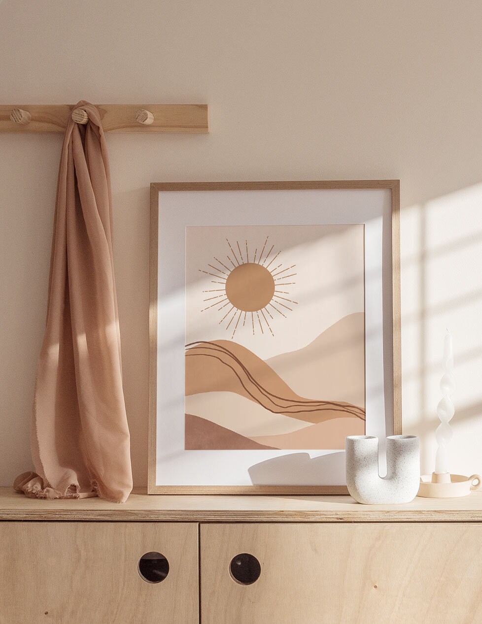 Mountain Sunrise Illustration, Neutral Wall Art, Landscape Art Print ...