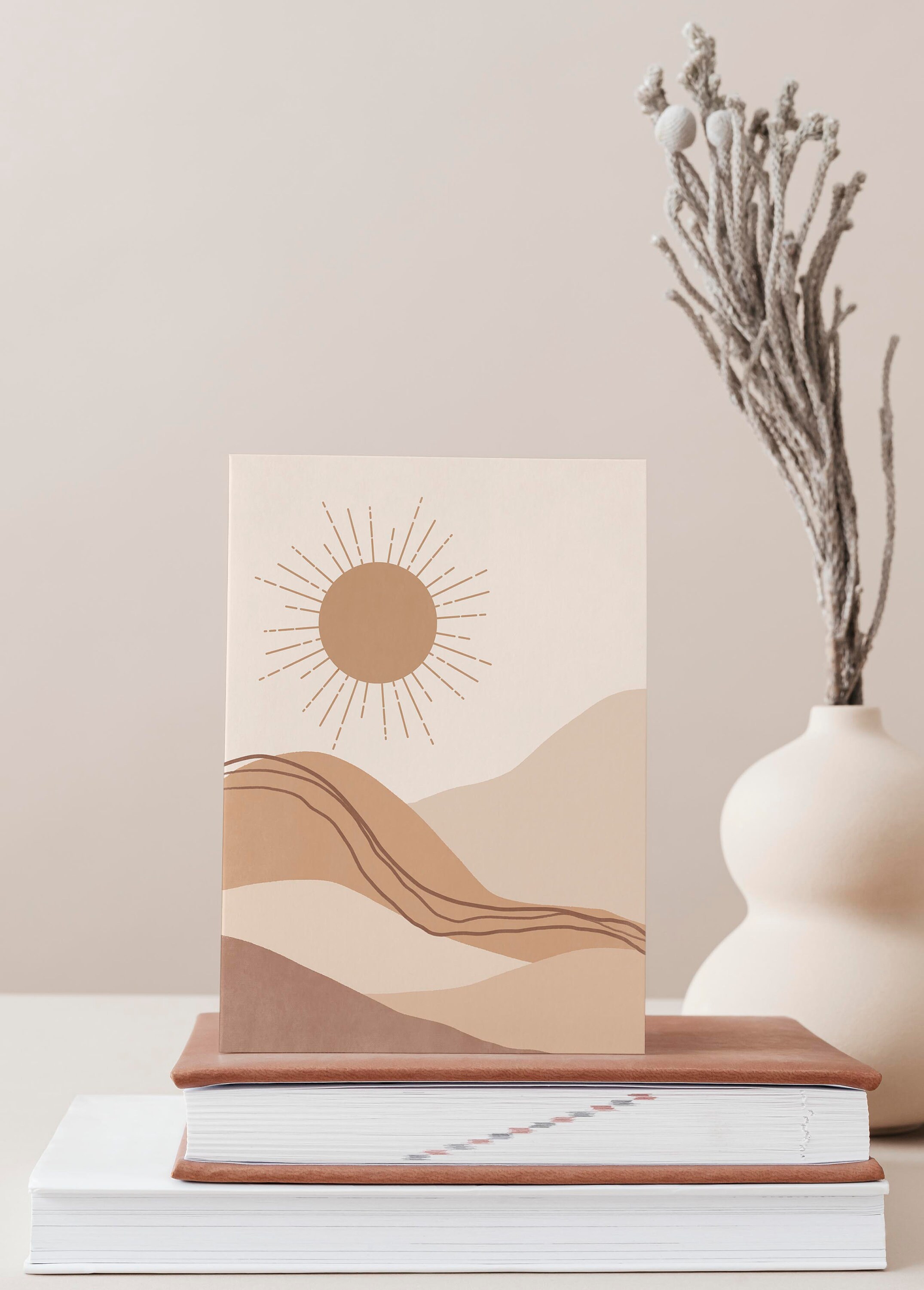 Mountain Sunrise Illustration, Neutral Wall Art, Landscape Art Print ...