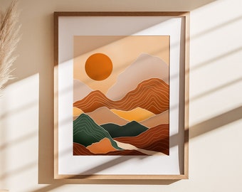 Sun and Mountains Landscape Illustration, Minimalist Wall Art, Abstract Landscape Art Print, Terracotta Wall Art, Boho Art Prints,
