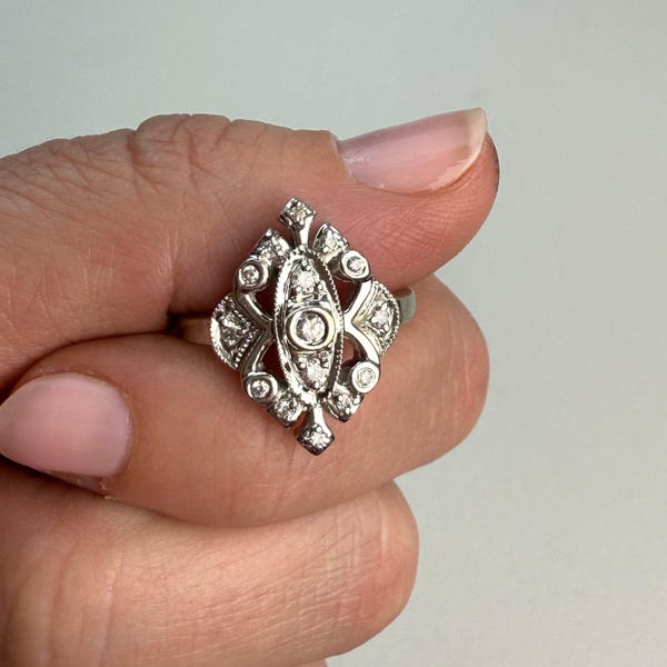 Estate Solid 10K Gold Art Deco-Style Diamond Shield Ring, Size 5.75