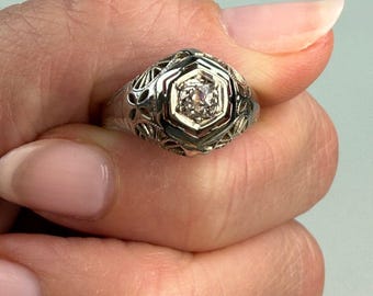 Vintage Solid 18K White Gold Art Deco Old Mine Cut Diamond Ring, Size 6.25
