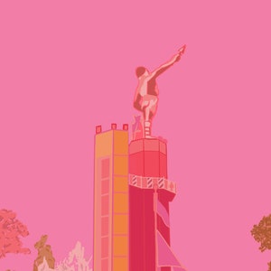 Pink Vulcan Statue, Birmingham Alabama, Birmingham Landmark, Magic City, Alabama Art, Art Illustration, Portrait, Retro Print, Alabama decor