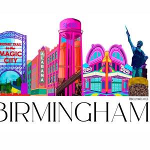 Birmingham Icons Print, Colorful Birmingham AL art, Landmark print, Alabama art print, Art Illustration, Retro Alabama Art print.