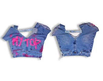 Custom Handmade ReWorked Recycled Denim Graffiti "My Top" Denim Jean Top Size M by JazzOriginalz