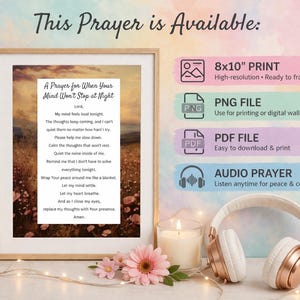 Könnte beinhalten: Ein gerahmter Druck mit dem Text "A Prayer for When Your Mind Won't Stop at Night" wird angezeigt. Das Bild enthält eine Kerze, Blumen und einen Kopfhörer. Der Druck ist im Format 20,32 x 25,4 cm, PNG, PDF und als Audio-Gebet erhältlich.