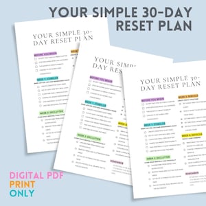 May include: A stack of three white paper sheets with a 30-day reset plan printed in black and various colors. The text includes sections for before you begin, weekly goals, and reminders. The phrase "DIGITAL PDF PRINT ONLY" is at the bottom.