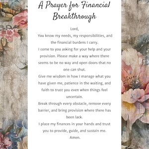 May include: A white card with the text "A Prayer for Financial Breakthrough" against a floral background. The prayer text is centered and includes a request for financial guidance and provision.